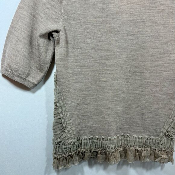 KNITTED & KNOTTED Anthropologie S Beige Wool Cardigan Sweater Cat Eye Ruffles - Picture 5 of 13